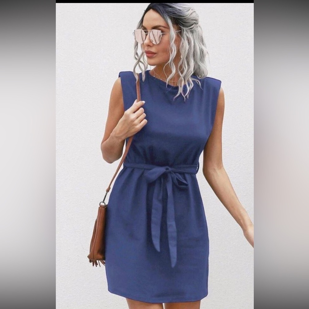 Solid Belted Tank Dress With Shoulder Pads